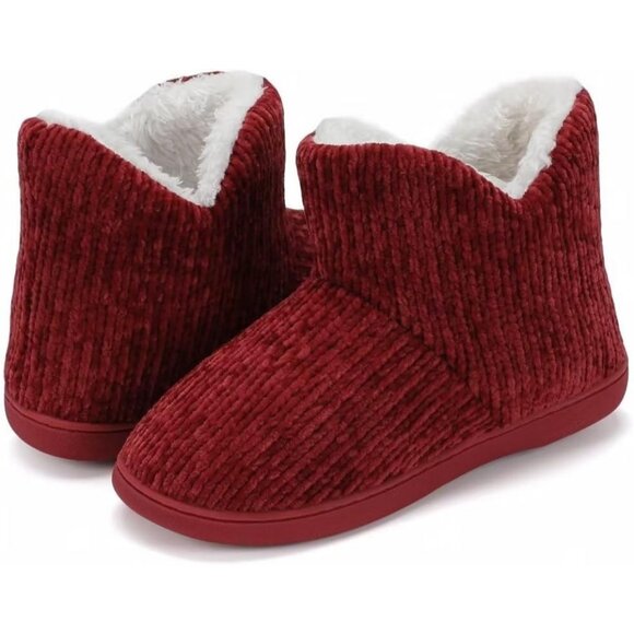 Women's Winter Warm Fluffy Fur Lined Plush Red Bootie Slippers Shoes - Picture 7 of 7